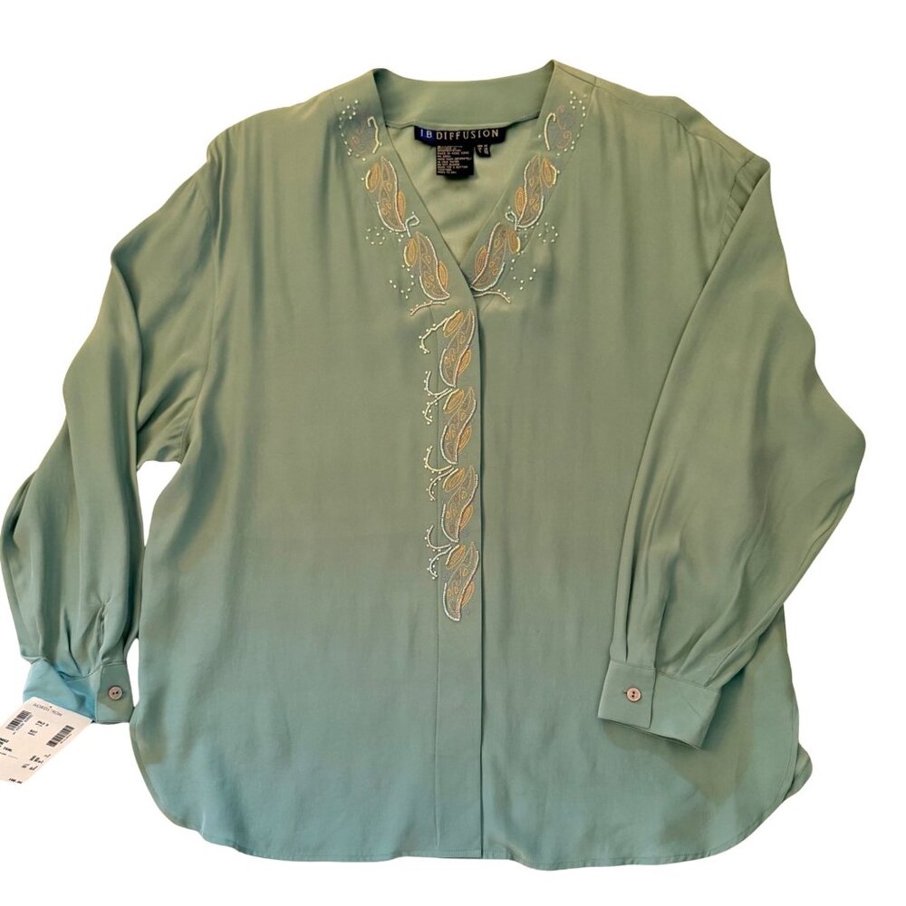 Vintage IB Diffusion Silk Blouse Beaded Embroidered Size 14 Dusty Teal Flowy